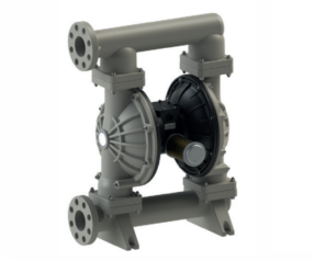 Pompa industriale a doppio diaframma in metallo grigio.